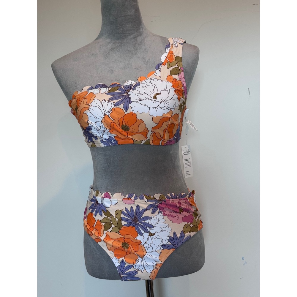 Cupshe Womens Floral Scalloped One Shoulder Bikini Set Orange Purple Size M